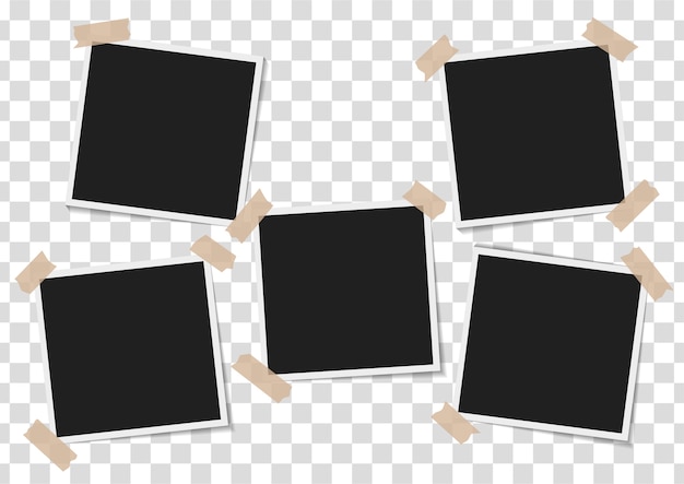 Set of empty photo frames with adhesive tape on transparent background