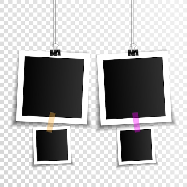 Vector set of empty photo frames with binder clips and adhesive tape