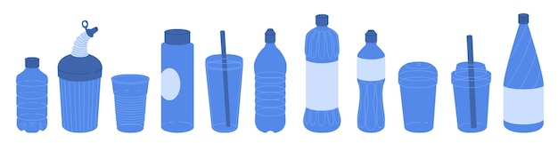 Vettore set di bottiglie e tazze di plastica vuote contenitore per bevande e altri liquidi imballaggi riciclabili illustrazione vettoriale isolata su sfondo trasparente