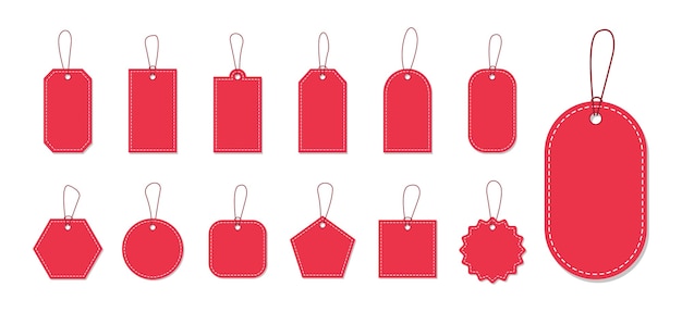 Set of empty red price tags and labels with rope for promotion design.