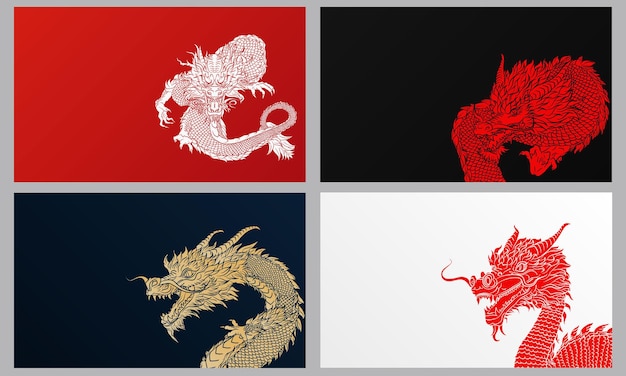 Set of empty red white black and blue banners with hand drawn traditional chinese dragons