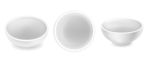 Vector set of  empty round sauce bowls. white ceramic condiment ramekins  on background. top and side view. small realistic sauceboat