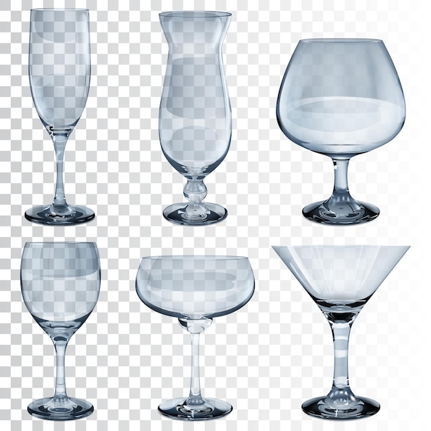 Set of empty transparent glass goblets for wine, cocktail, champagne and cognac. in light blue color