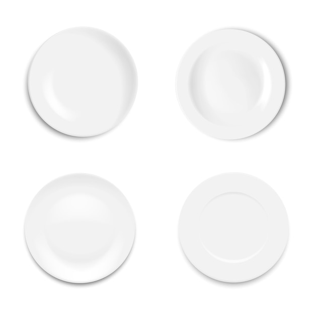 Set empty white plate isolated on white background. Vector illustration. Eps 10.