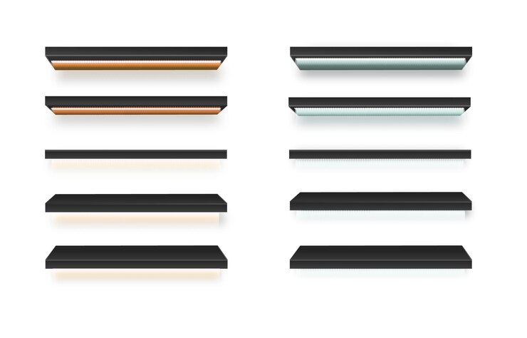 Vector set of empty wooden store shelves with led lighting product shelf with wood texture and black wall mount grocery rack vector