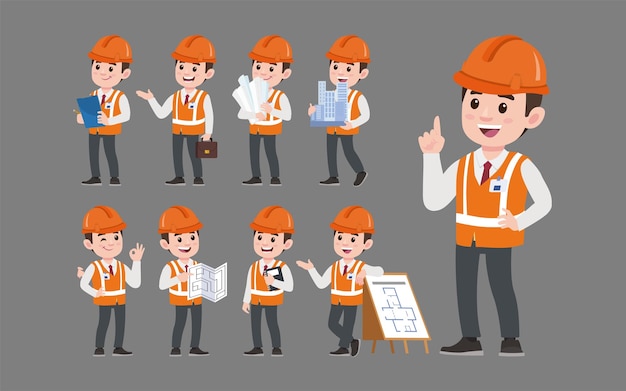 Vector set of engineer with different poses