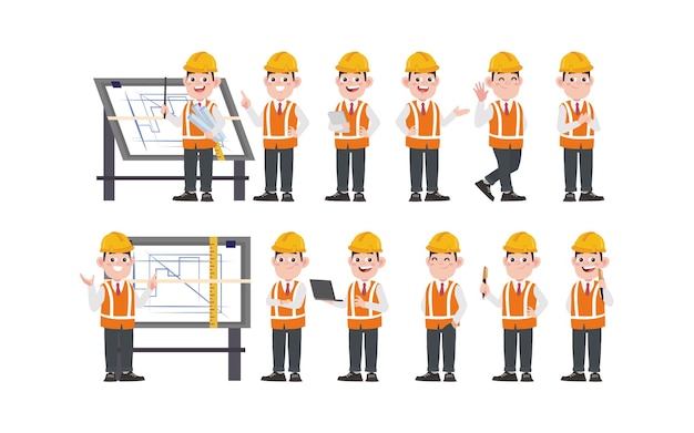 set of engineer with different poses