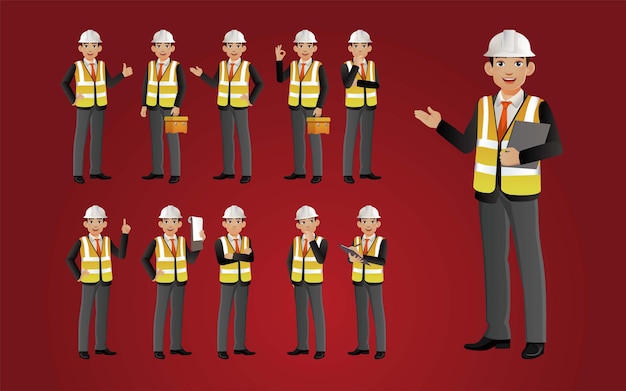 Set of engineer with different poses