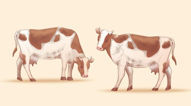 Set of engraved cow illustrations