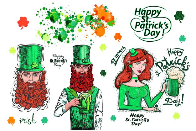 Set of engravings illustrations of St Patricks Day Leprechauns man with red beard and woman