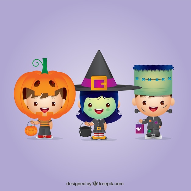 Vector set of enjoyable halloween children dressed