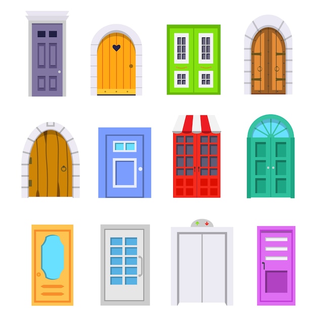 Установить входную дверь, вид спереди. элементы домов и зданий в мультяшном стиле.