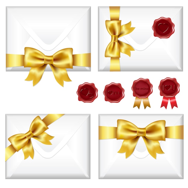 Set of envelopes with golden bow and wax seals, isolated on white background,  illustration.