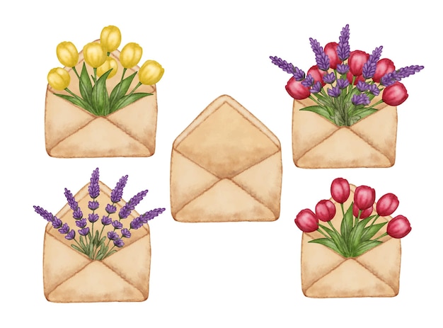 Set enveloppen met bloemen boeket tulpen en lavendel lege geopende enveloppe geïsoleerd op wit