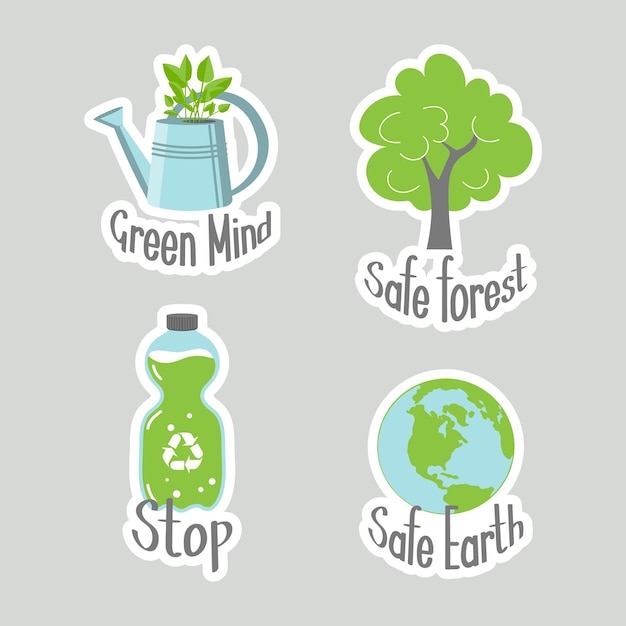 Vector set of environmental awareness stickers with slogan flat design eco concepts collection icons