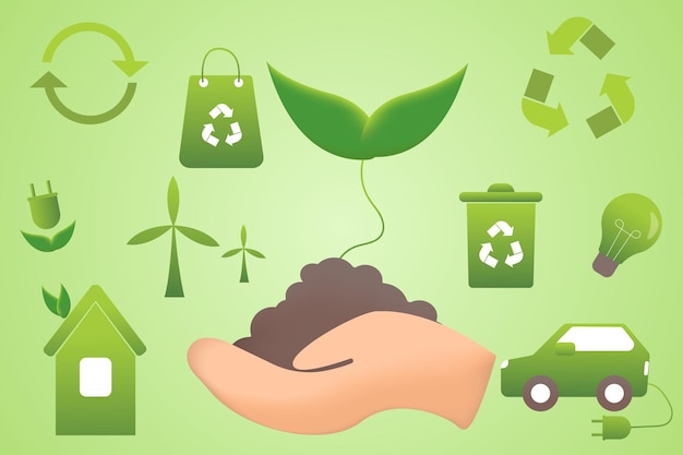 Set of environmentally friendly icons recycling layout Hand with plant and environment symbols on green background Eco vector illustration