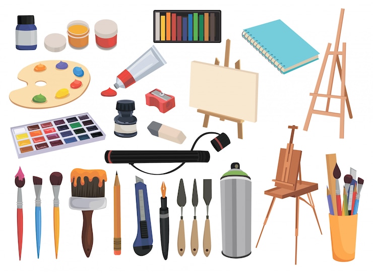 アートのための機器のセット。描画と創造性のためのオブジェクトのコレクション。