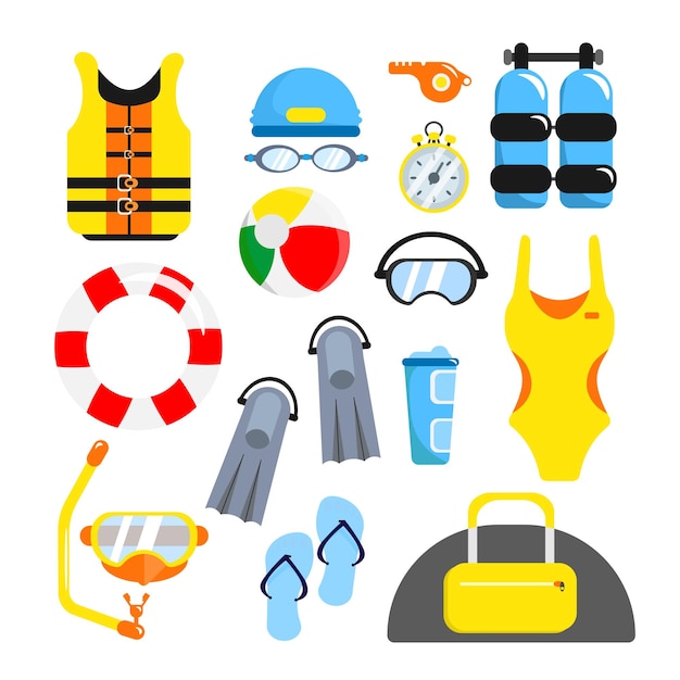 Set di attrezzatura spiaggia bagnini stile cartone animato illustrazione vettoriale di borsa costume da bagno salvagente giubbotto di salvataggio fischio serbatoi d'aria pinne occhiali subacquei pallone da spiaggia su sfondo bianco