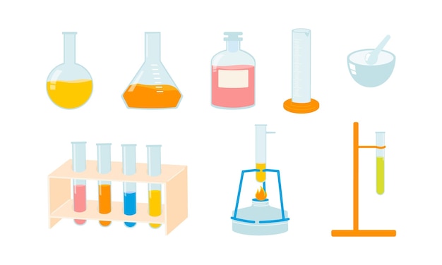 set equipment for chemistry lessons test tubes bunsen burner beaker cylinder school laboratory glass