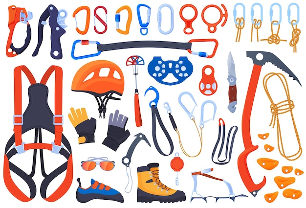 Vector set of equipment for climbing, climbers. insurance, carbines, ice ax. helmet, boots, claws, gloves. extreme sports.