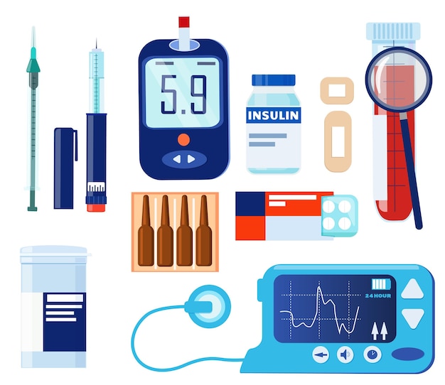 당뇨병 환자를 위한 장비 세트 인슐린 펌프 혈당 측정기 주사기 펜 테스트 스트립 정제