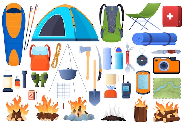 Un set di attrezzature per l'escursionismo. ricreazione. tenda, sacco a pelo, ascia, navigazione, falò, calderone, zaino.