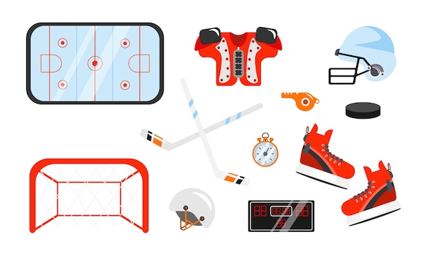 Набор снаряжения для хоккеистов в мультяшном стиле. Векторная иллюстрация клюшки, шлема, доспехов, коньков, шайбы, ворот ледовой арены, свистка секундомера, табло на белом фоне.