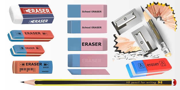 Vector set of erasers of different color and shape. flat vector illustration on white background.