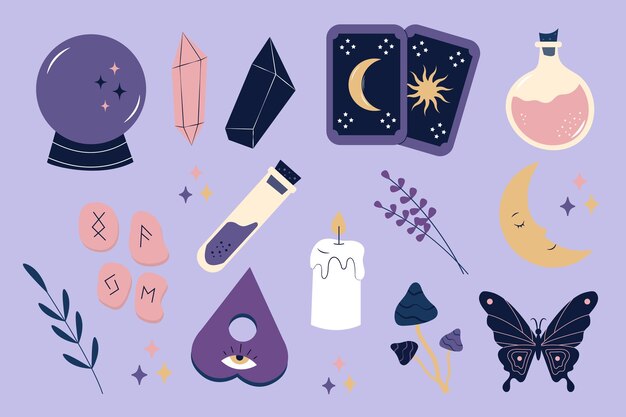 Vector set of esoteric elements cartoon objects for magic and witchcraft vector illustration