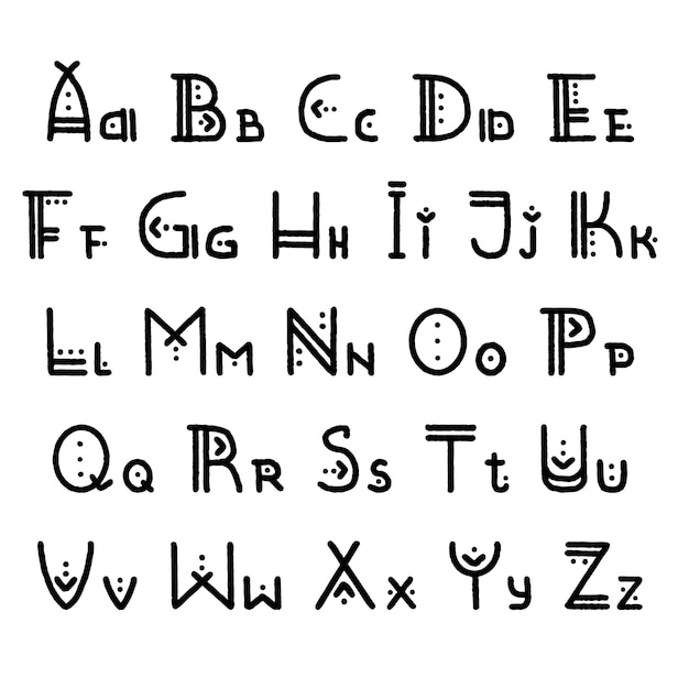 民族のアルファベット文字のセット。本物の先住民族スタイルの大文字と小文字。流行に敏感なテーマ、流行の自由ho放に生きるポスターやバナーの