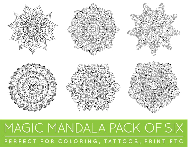 Set of ethnic fractal mandala vector meditation tattoo looks like snowflake or maya aztec pattern or flower too isolated on white