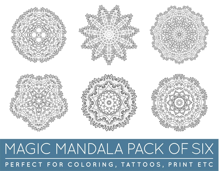 Vector set of ethnic fractal mandala vector meditation tattoo looks like snowflake or maya aztec pattern or flower too isolated on white
