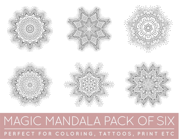 Vector set of ethnic fractal mandala vector meditation tattoo looks like snowflake or maya aztec pattern or flower too isolated on white