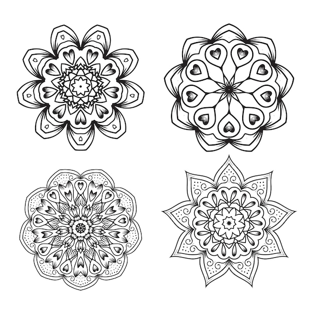 Set of Ethnic Fractal Mandala Vector Tattoo Design looks like Snowflake or Maya Aztec Pattern or Flower