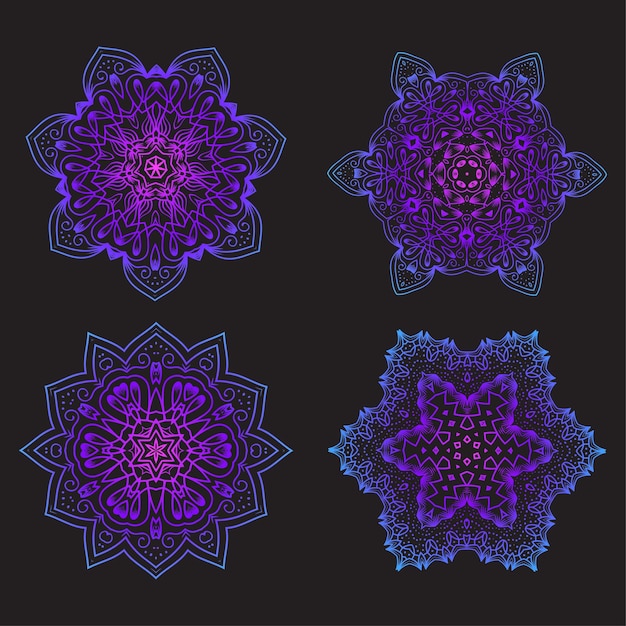 Set of ethnic fractal mandala vector tattoo design looks like snowflake or maya aztec pattern or flower