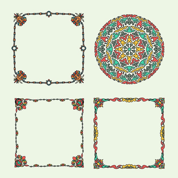 Vector set of ethnic ornament frame border hand drawn colorful style