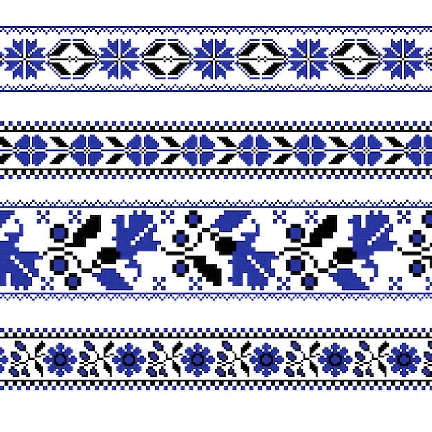 Vector set of ethnic ornament pattern with cross stitch flower