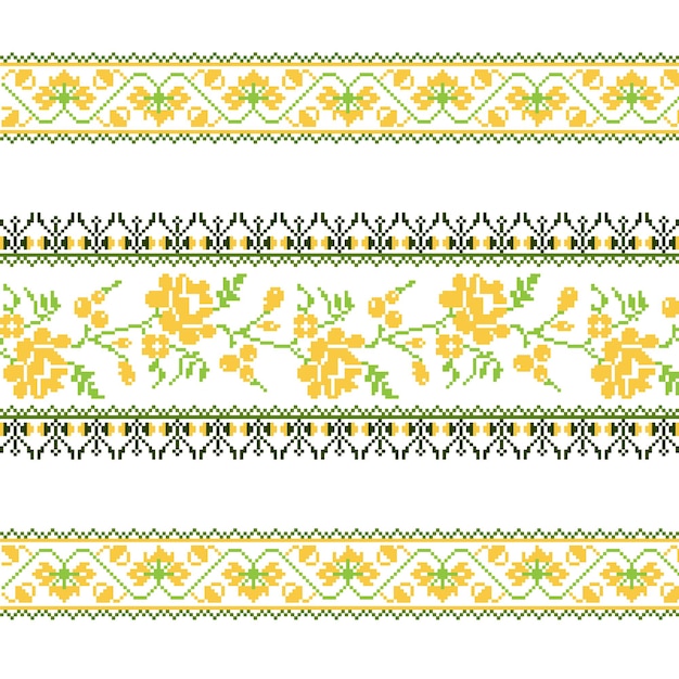 クロスステッチの花と民族飾りパターンのセット