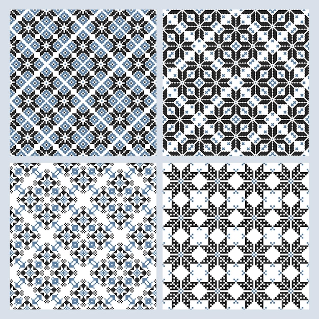 エスニックのシームレスなパターンのセット幾何学的な抽象的な 2 色パターン、エスニック モチーフ、プリント テキスタイル