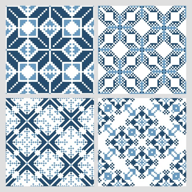 エスニックのシームレスなパターンのセット幾何学的な抽象的な 2 色パターン、エスニック モチーフ、プリント テキスタイル