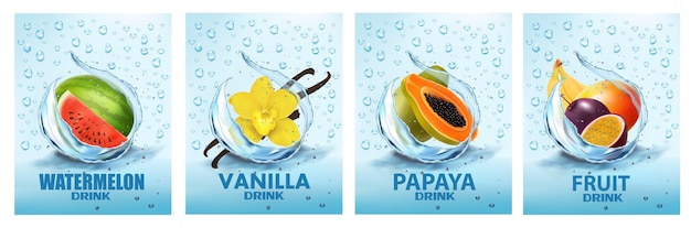 Set etiketten met groenten en fruit drinken Vers fruit water spatten samen watermeloen vanille papaya mango banaan in water drinken spatten Vector illustratie
