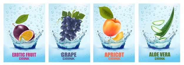 Set etiketten met groenten en fruit drinken Vers vruchtensap spetteren samen passievrucht druif abrikoos aloë vera in water drinken spetteren 3d vers fruit Vector illustratie