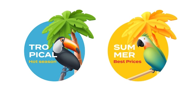 Set etiketten met toekan en papegaai vogel tropische palmboom in cirkel vorm 3d cartoon illustratie seizoen tag element
