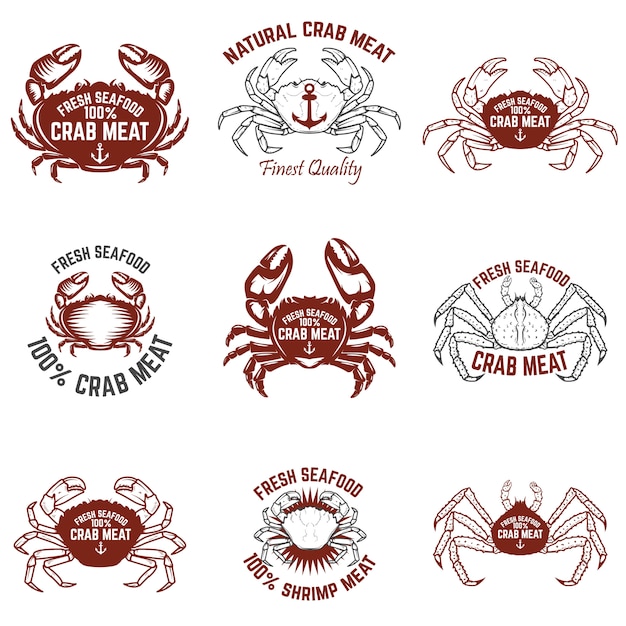 Set etiketten voor krabvlees. vers zee-eten. elementen voor logo, label, embleem, teken. illustratie.
