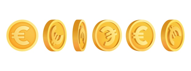 ユーロの形をしたヨーロッパの3Dコインのセット体積銀行通貨さまざまな位置にある3Dユーロコイン現金送金銀行と金融孤立したベクトル図