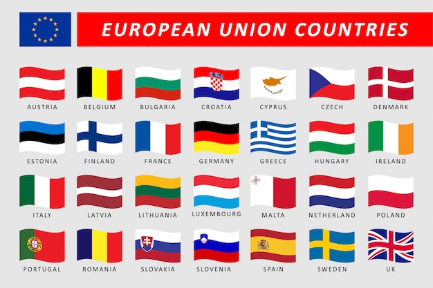 Insieme delle bandiere dell'onda di paesi dell'unione europea