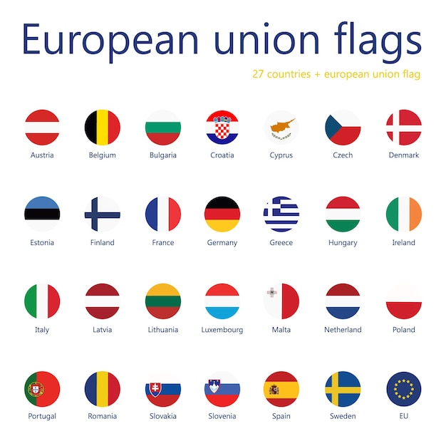 Vector set of european union flags with names 27 flags eu flag