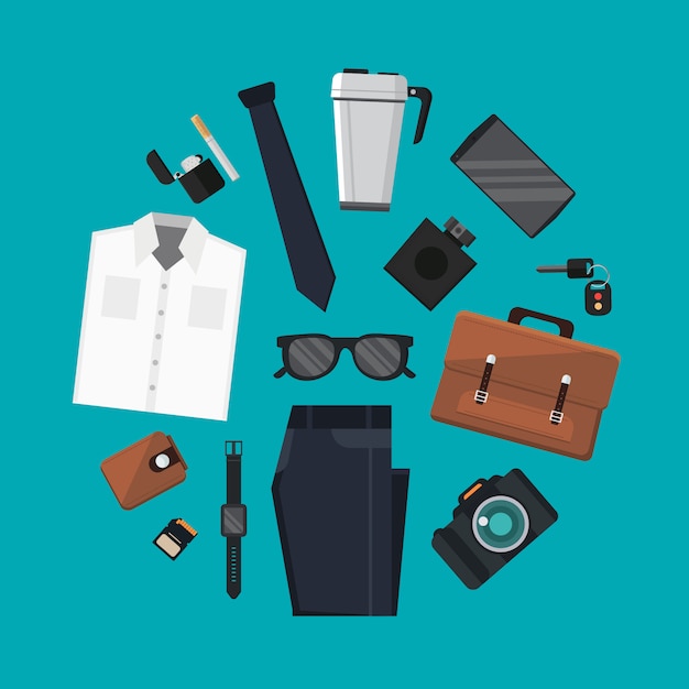 Vector set of every day carry and outfit accessories in circle shape illustration
