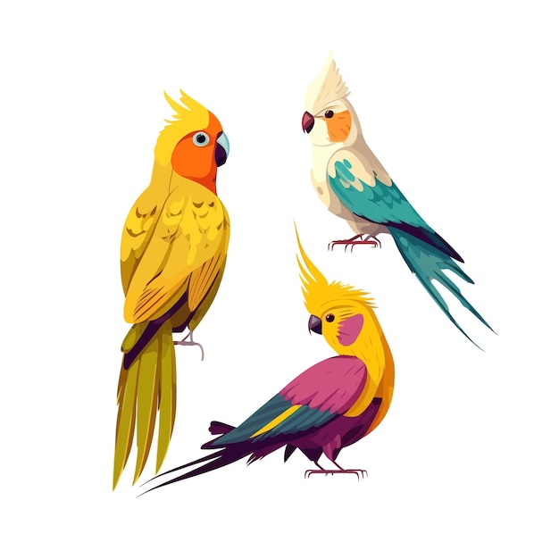 Set of exotic birds yellow parrot with crest flying cockatiel and bright colorful lovebird Isolated on background Cartoon flat vector illustration