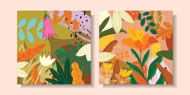 エキゾチックな花の花と植物の抽象的な手描きの背景のセット